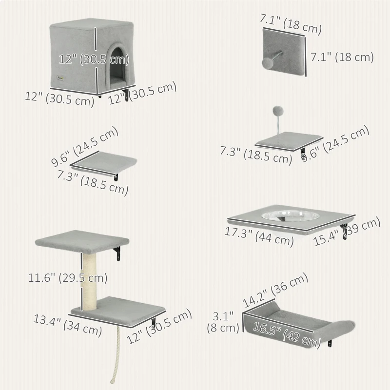 PawHut Cat Wall Shelves Set of 7, Shelves and Perches with House, Sisal Post Ladder, Bed & Ball, Grey