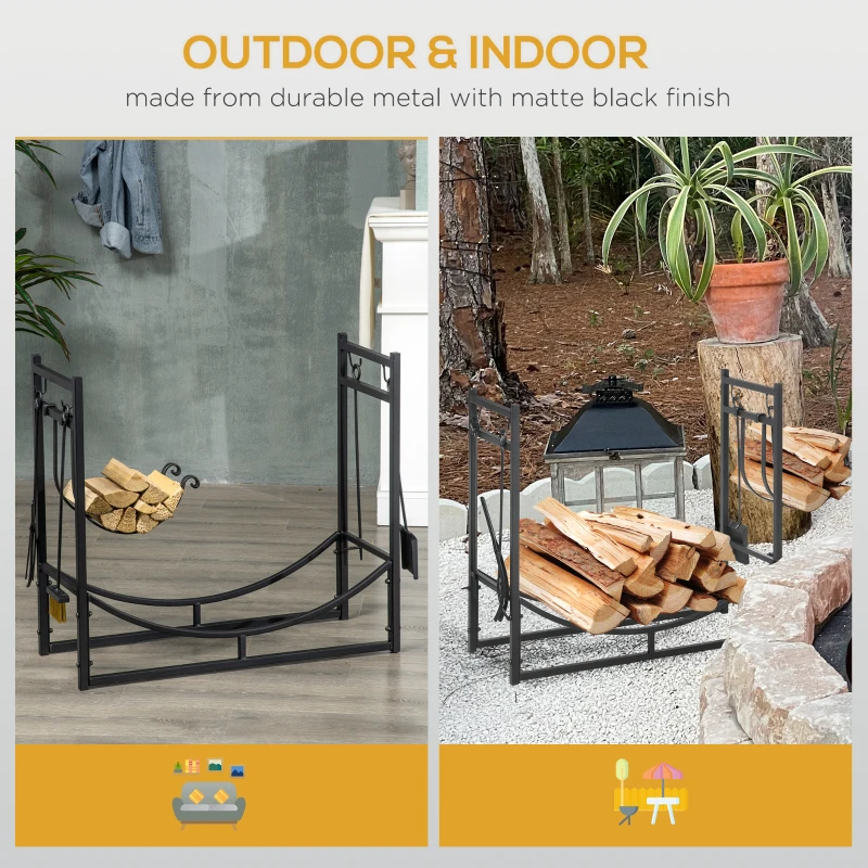 Outsunny 33" Firewood Rack Outdoor Indoor with 4-Piece Fireplace Tools, Firewood Holder with 2 Tiers, Black