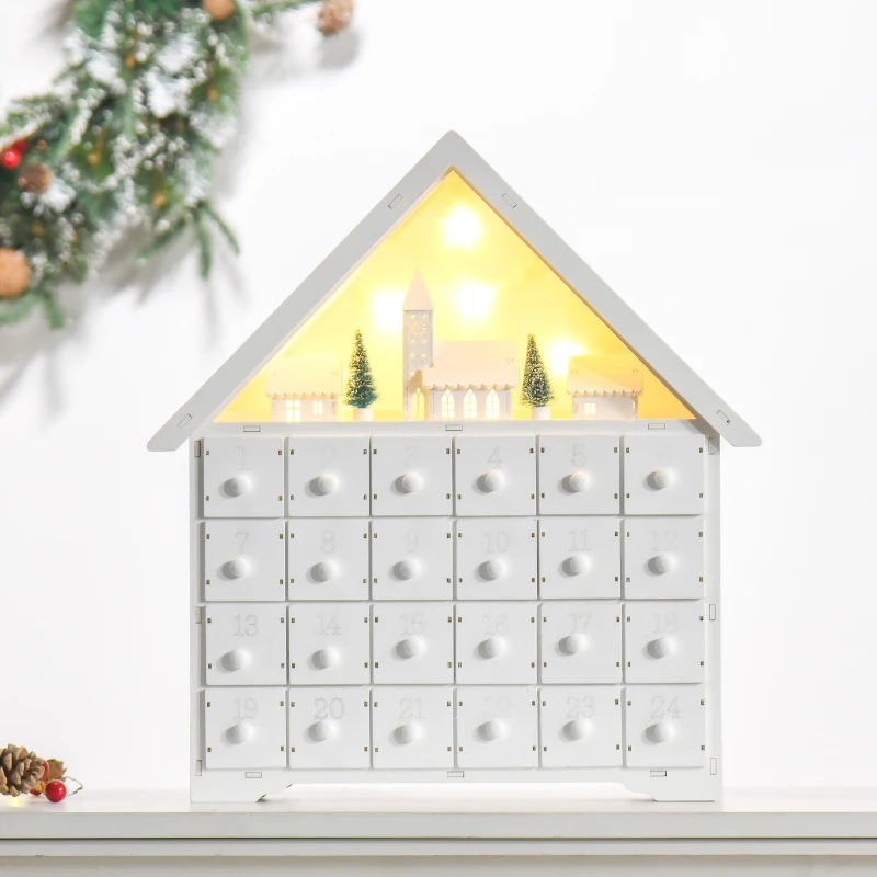 HOMCOM Christmas Advent Calendar, 2022 Light Up Table Xmas Wooden House Holiday Decoration with Countdown Drawer, Village, for kids Adults, White