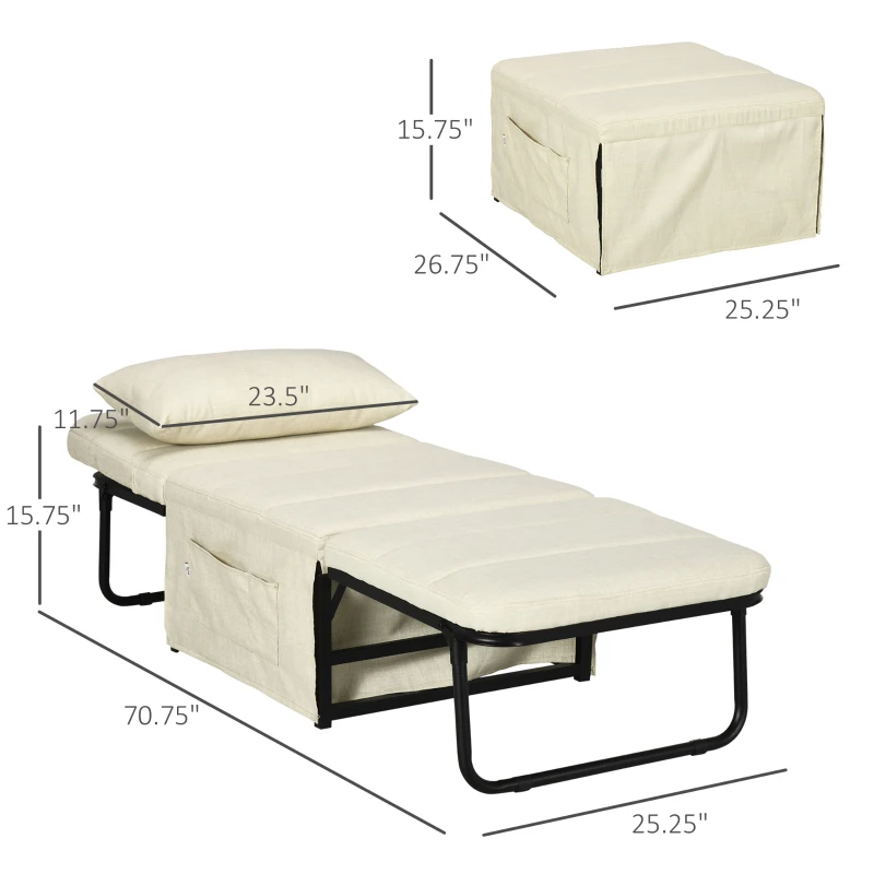 HOMCOM Folding Sofa Bed, 4-in-1 Multi-Function Sleeper Chair Bed Ottoman with Adjustable Backrest, Pillow, Side Pocket for Home Office, Bedroom, Living Room, Cream White