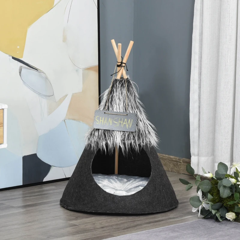 PawHut Pet Teepee Tent Cat Bed Dog House with Thick Cushion Chalkboard for Kitten and Puppy up to 13lbs 28inch Grey
