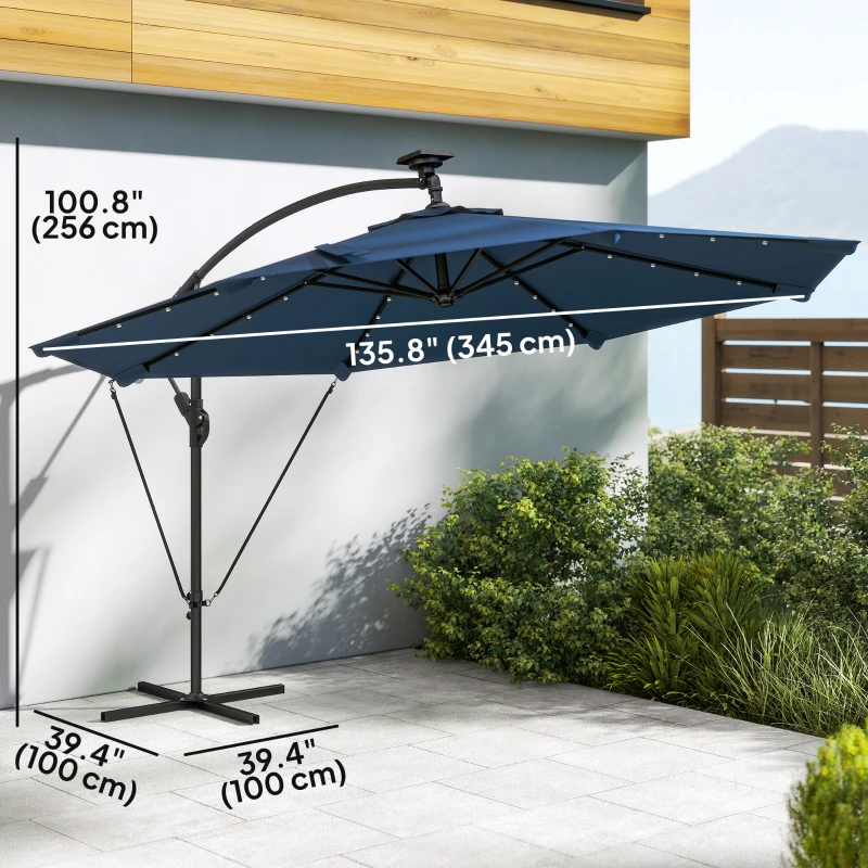 Outsunny 11.3 ft Cantilever Patio Umbrella with Light, Cover, Aluminium UPF50+ Offset Outdoor Umbrella Parasol, Navy Blue
