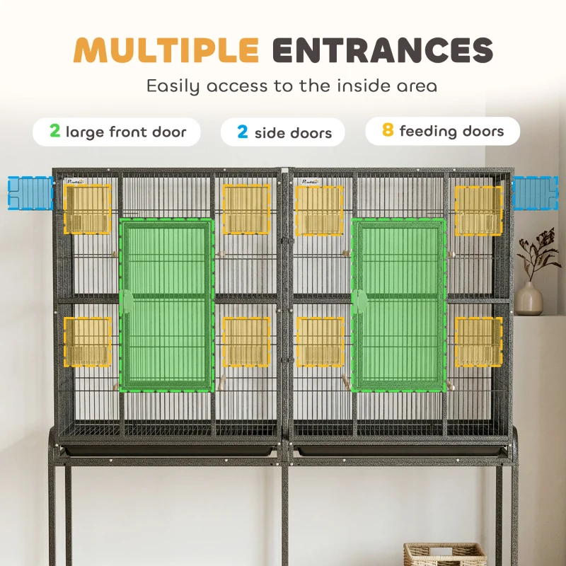 PawHut 56"H Bird Cage, Parrot Cage w/ Detachable Rolling Stand, Removable Tray, Storage Shelf, Perches, Food Container