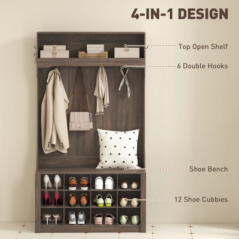 HOMCOM 4-In-1 Hall Tree with Bench and Shoe Storage, Farmhouse Coat Rack Shoe Bench with 12 Shoe Cubbies, 6 Hooks, Dark Brown