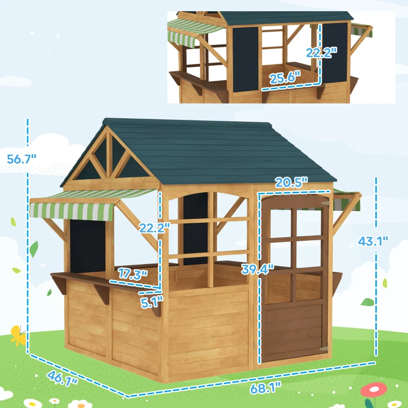 Qaba Wooden Outdoor Playhouse, Foldable Kids Cottage with Windows, Working Door, Snack Bars, Waterproof Covers, for 3-8 Years