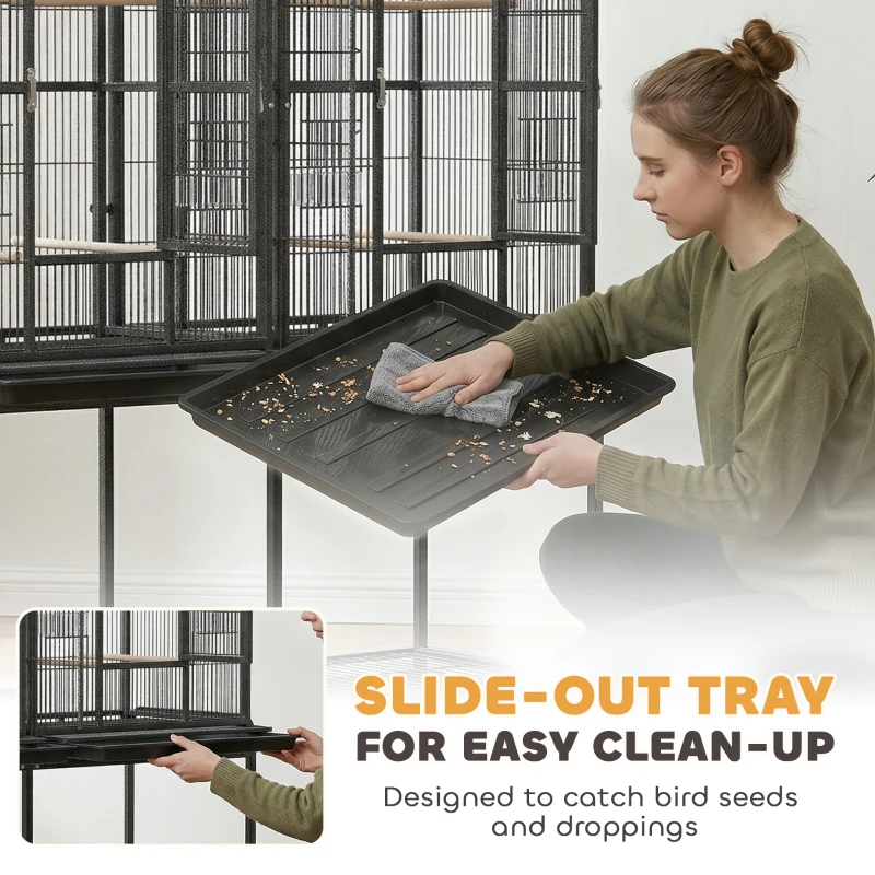 PawHut 56"H Bird Cage, Parrot Cage w/ Detachable Rolling Stand, Removable Tray, Storage Shelf, Perches, Food Container