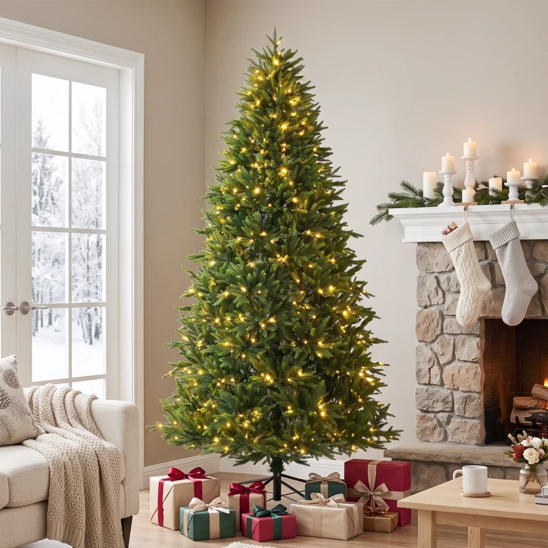 HOMCOM 7.5ft Prelit Christmas Tree with Dual-Color LEDs, All Realistic Tips, Hinged Xmas Nordmann Fir with 11 Modes, Remote