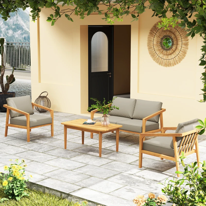 Outsunny 4 Pieces Acacia Wood Patio Furniture Set, Outdoor Sofa Conversation Set w/ Thickened Cushions for Backyard Garden, Teak