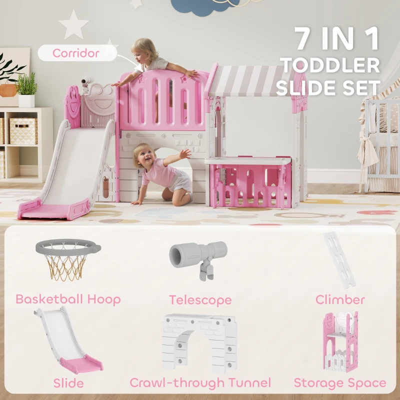 Qaba 7-in-1 Toddler Slide, Kids Slide Climber Playset with Playhouse and Basketball Hoop for 1-4 Years, Pink