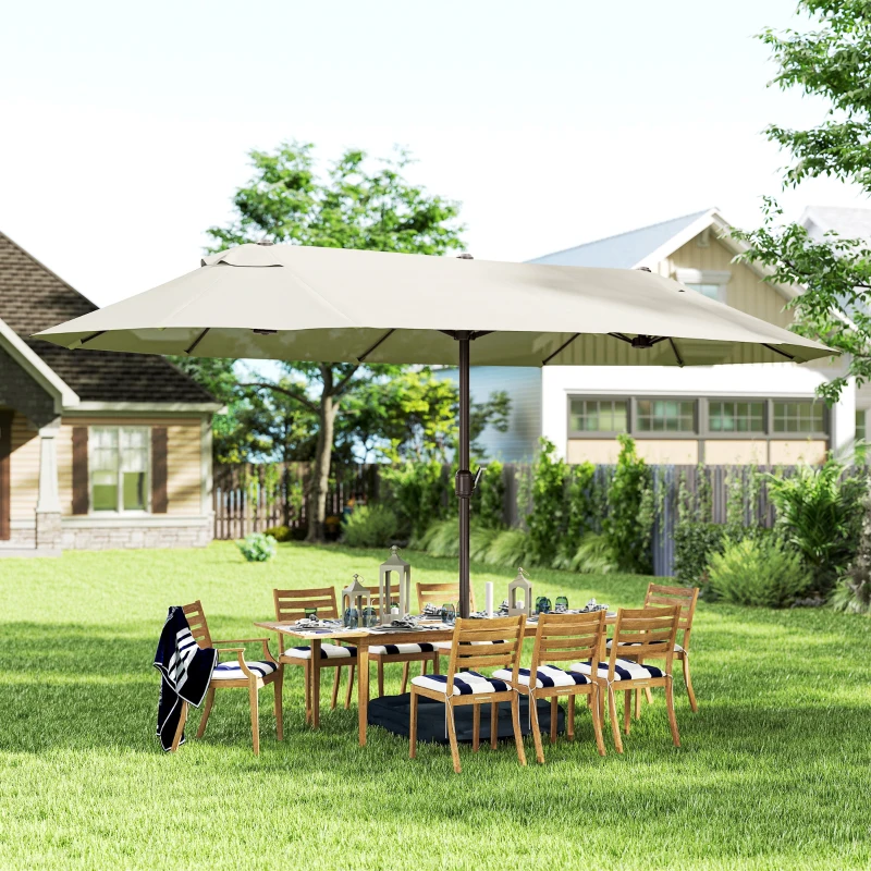 Outsunny 15' Outdoor Patio Umbrella with Twin Canopy Sunshade Steel Table Umbrella w/ Lift Crank, Cross Base, Sandbag, Cream