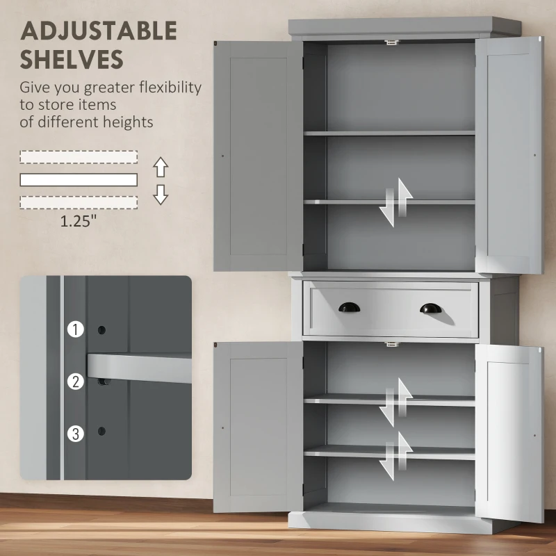 HOMCOM 72.5" Kitchen Cabinet, Pantry Storage Cabinet with Doors and Shelves, Freestanding Food Pantry Cabinet, Gray