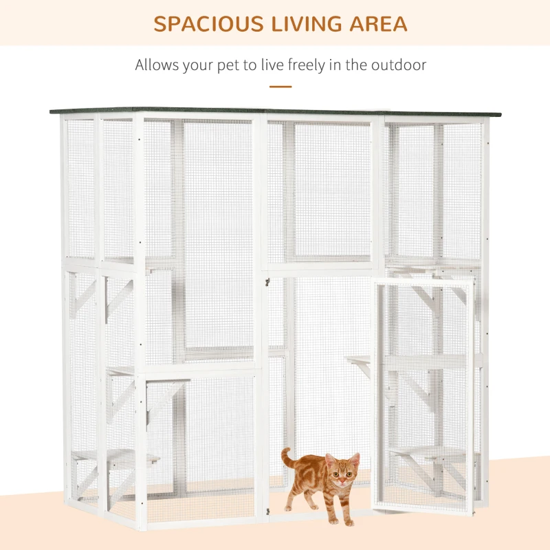PawHut Outdoor Cat House Big Catio Wooden Feral Cat Shelter Enclosure with Large Spacious Interior, 6 High Ledges, Weather Protection Asphalt Roof, 71" L, White