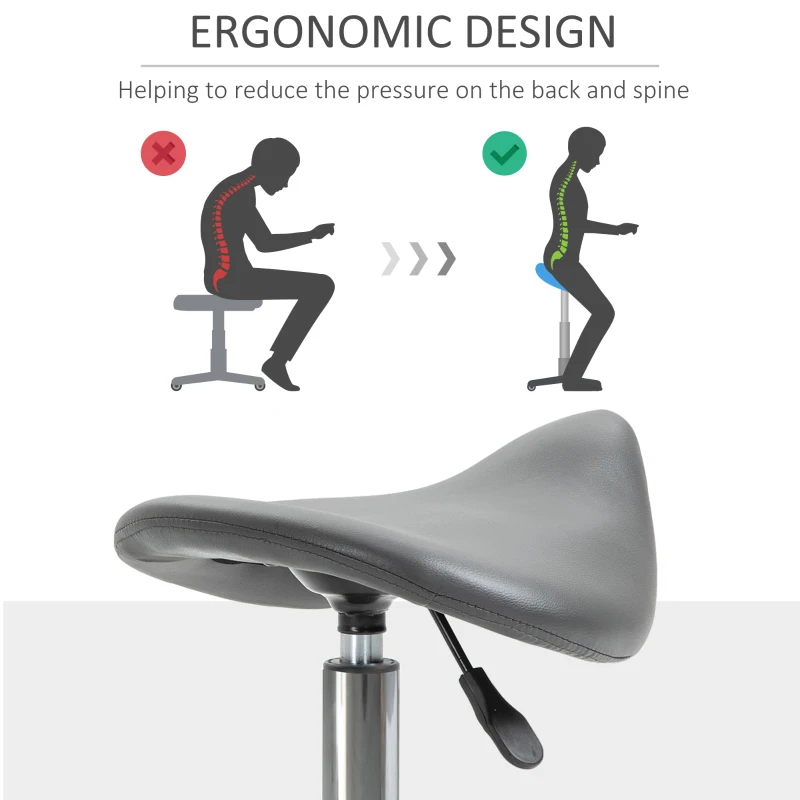 HOMCOM Saddle Stool, PU Leather Adjustable Rolling Salon Chair for Massage, Spa, Clinic, Beauty and Tattoo, Grey