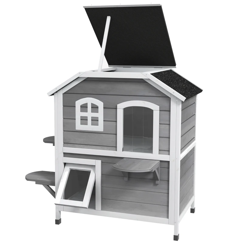 PawHut 2-story Cat House Outdoor, Weatherproof Wooden Cat Enclosure for Feral Cats with Escape Door, Openable Roof, Jumping Platforms, Gray