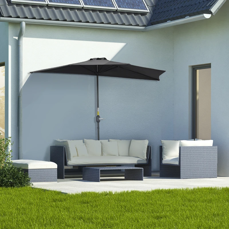 Outsunny 9.8ft Half Umbrella Semi Round Patio Parasol with Crank Handle, Top Vent for Garden, Balcony- NO BASE INCLUDED, Black