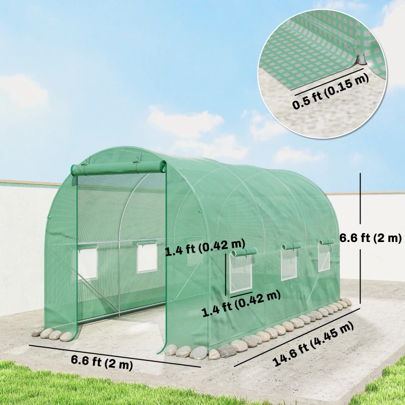 Outsunny 15' x 6.6' x 6.6' Walk-in Tunnel Greenhouse Garden Plant Seed Growing Warm House Outdoor Hot House w/ Roll Up Door, Windows, PE Cover Green