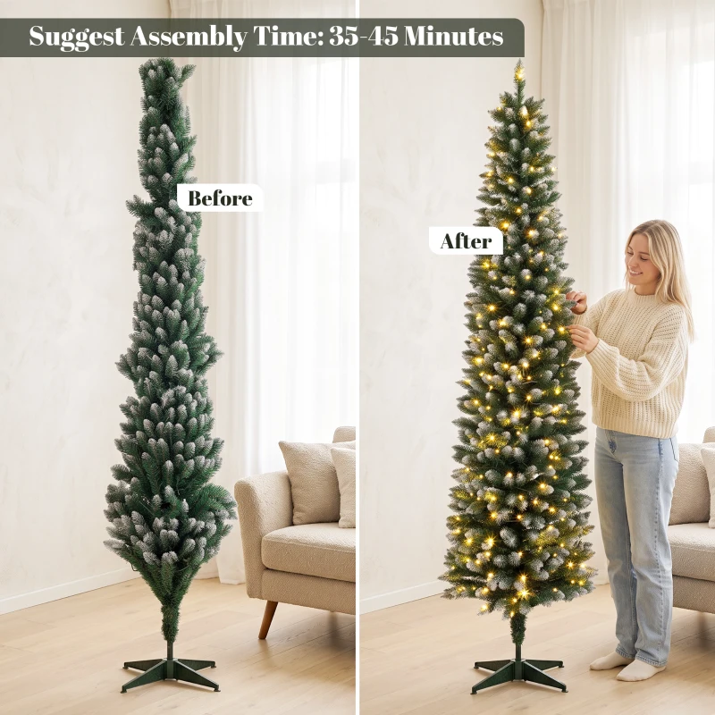 HOMCOM 7ft Pencil Prelit Christmas Tree, Dual Color LEDs, Flocked, Remote, Slim Xmas Tree with 11 Modes, Green White