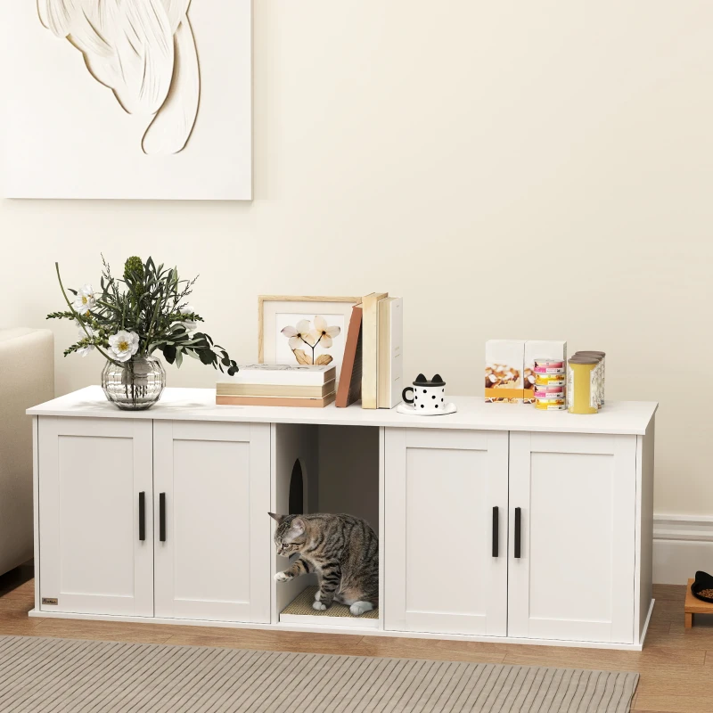 PawHut Cat Litter Box Enclosure with Double Room, Scratching Mat for 2 Cats, 57" x 19" x 20", White