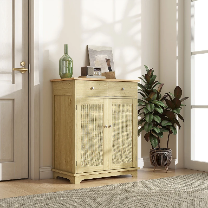 HOMCOM Kitchen Storage Cabinet, Sideboard Floor Cupboard with Solid Wood Top, Adjustable Shelf, and 2 Drawers, Natural