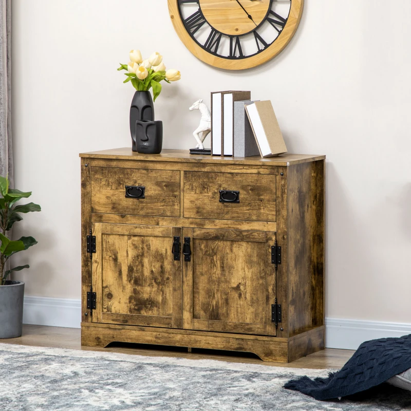 HOMCOM Industrial Sideboard Buffet Cabinet, Kitchen Cabinet with 2 Drawers, 2 Doors, Adjustable Shelf Coffee Bar Cabinet, Rustic Brown