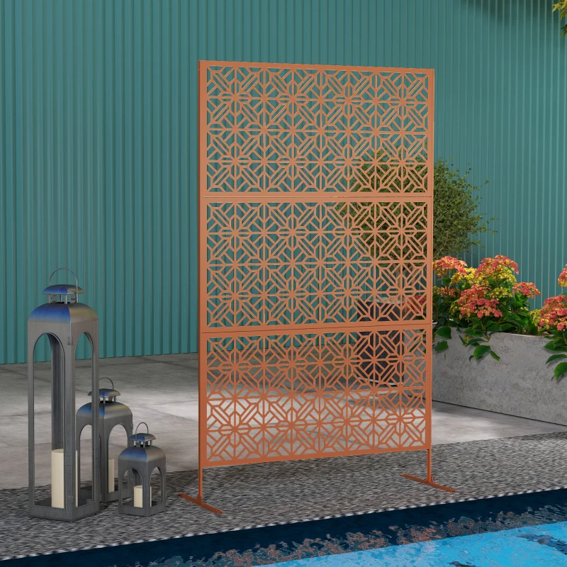 Outsunny Decorative Outdoor Privacy Panel with Stand, Freestanding Metal Outdoor Divider for Garden, Backyard, Deck, Brown