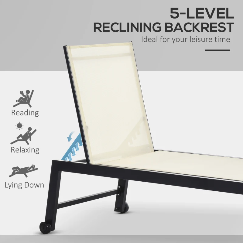 Outsunny Outdoor Chaise Lounge with Wheels, Five Position Recliner for Sunbathing, Suntanning, Steel Frame, Cream White
