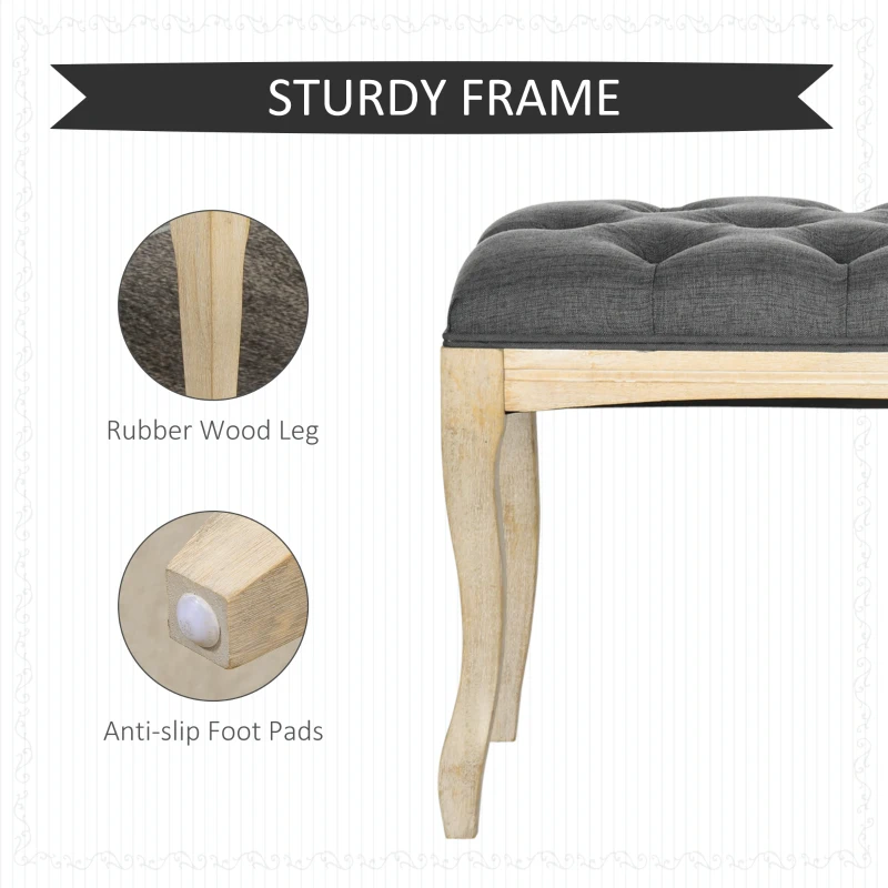 HOMCOM 43" Upholstered Entryway Bench, Linen Fabric Ottoman Stool with Button Tufted Seat, and Rubber Wood Legs for Living Room, Bedroom, or Hallway, Dark Grey