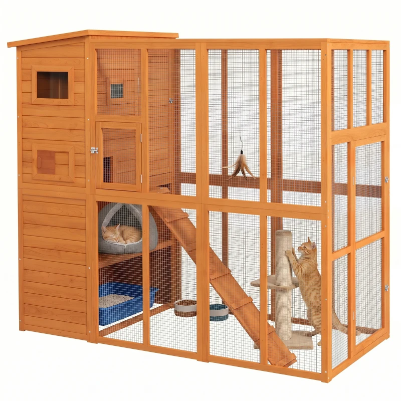 PawHut 68.75" H Cat Cage Large Wooden Outdoor Cat House with Large Run for Play, Catio for Lounging, and Condo Area for Sleeping, Natural