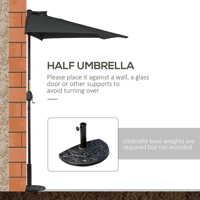 Outsunny 9.8ft Half Umbrella Semi Round Patio Parasol with Crank Handle, Top Vent for Garden, Balcony- NO BASE INCLUDED, Black