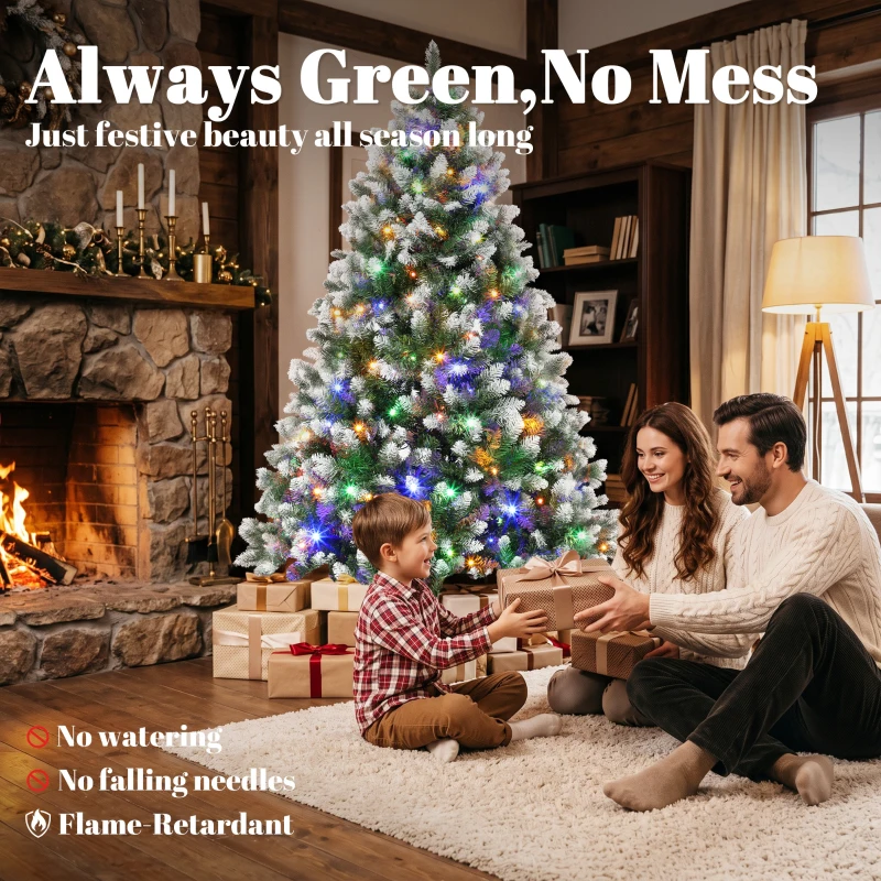 HOMCOM 6ft Pre-lit Artificial Christmas Tree White-Tipped Hinged Full Xmas Tree with 1020 Tips