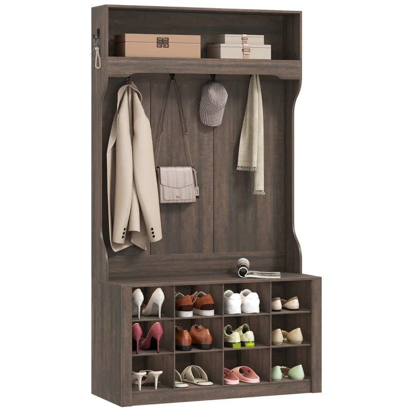 HOMCOM 4-In-1 Hall Tree with Bench and Shoe Storage, Farmhouse Coat Rack Shoe Bench with 12 Shoe Cubbies, 6 Hooks, Dark Brown