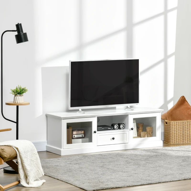 HOMCOM Modern TV Stand Cabinet for TVs up to 60 Inches, Entertainment Center with Drawer and Glass Doors for Living Room, White