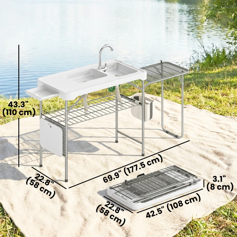 Outsunny Fish Cleaning Table Folding Sink Portable Camping Sink with Side Shelf & Bottom Rack for Outdoor White