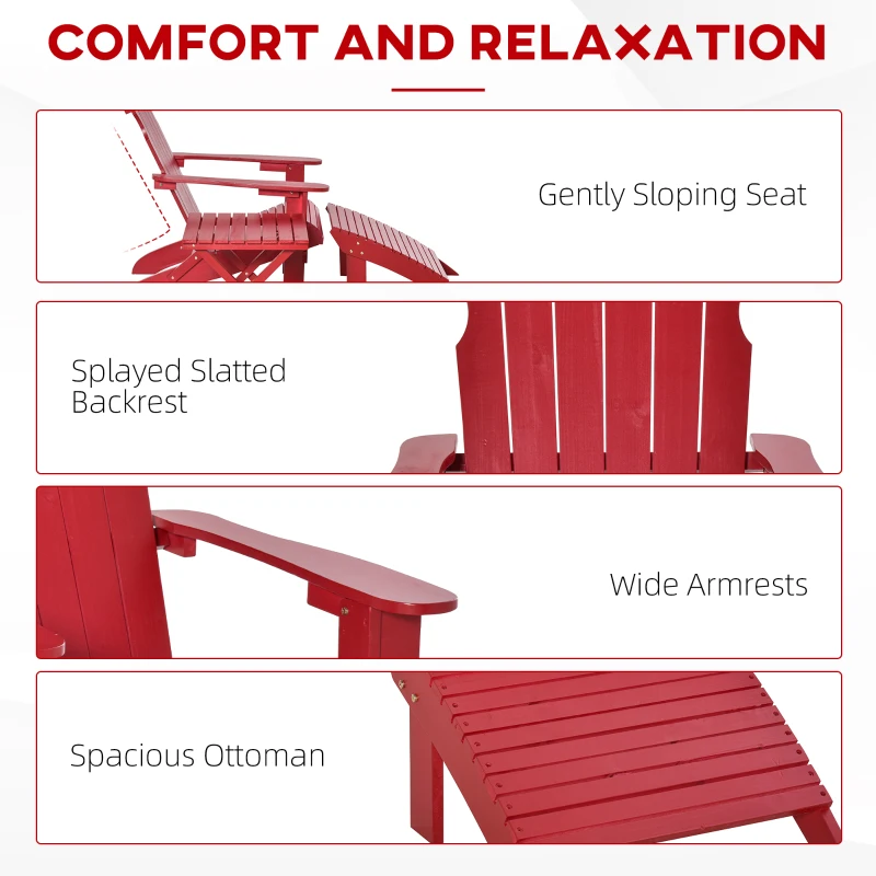 Outsunny 3-Piece Folding Adirondack Chair with Ottoman and Side Table, Outdoor Wooden Fire Pit Chairs w/ High-back, Wide Armrests for Patio, Backyard, Garden, Lawn Furniture, Red