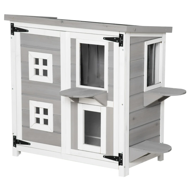 PawHut 2-Tier Cat House, Outdoor Feral Cat Shelter, with Weather Resistant Roof, Escape Door, PVC Curtain, Glass Window, Grey