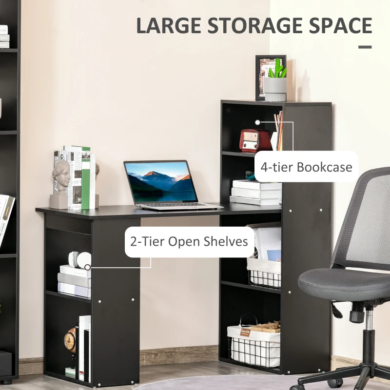 HOMCOM Computer Desk with 6-Tier Storage Shelves, Writing Desk Workstation with Bookshelf for Home Office, Black