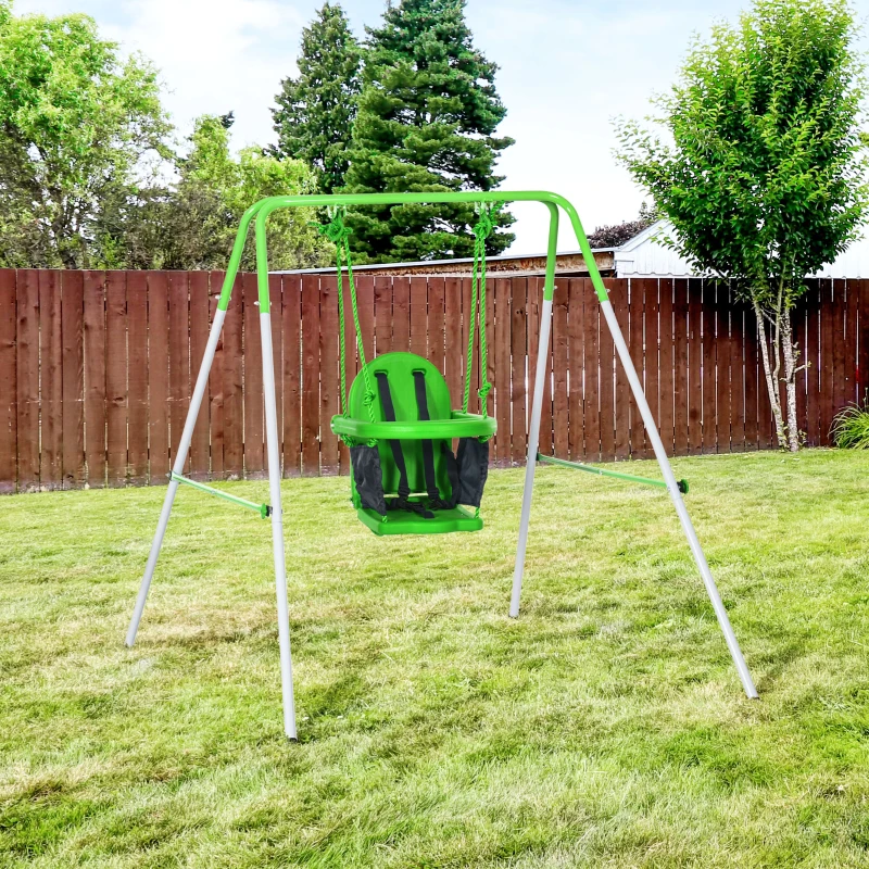 Outsunny Toddler Swing Set with Metal Stand, Safety Seat Belt for Kids Aged 6-36 Months, Backyard Indoor & Outdoor Use, Green