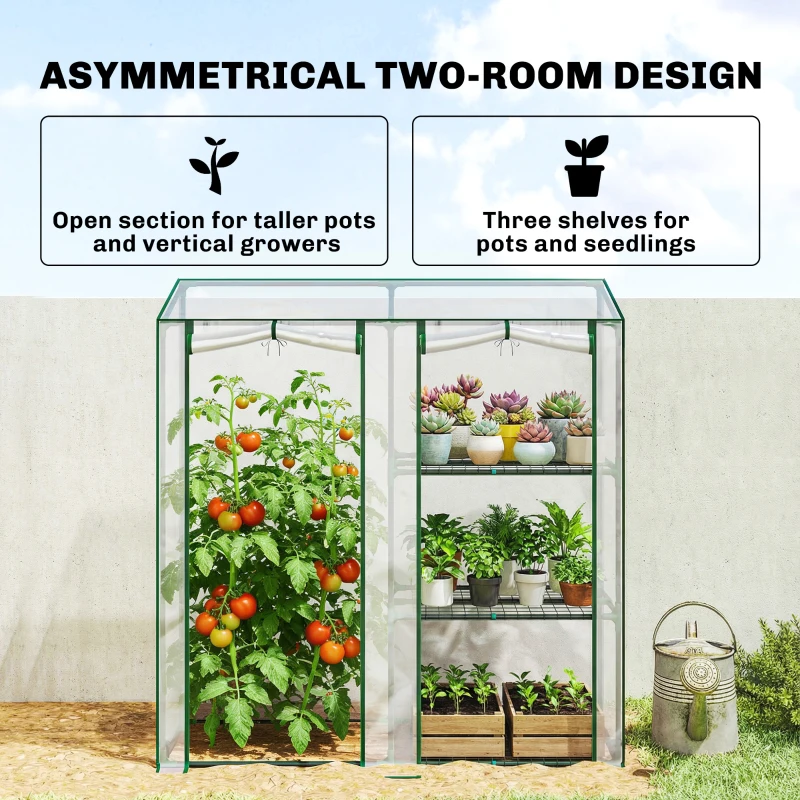 Outsunny Mini Greenhouse, Portable Greenhouse with 3 Shelves, 2 Roll-up Doors, 56.3" x 17.7" x 59.4", Clear