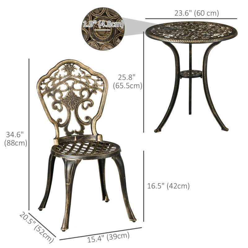 Outsunny Outdoor 3 Piece Garden Bistro Set, 2 Chairs and A Round Coffee Table with Parasol Hole for Balcony, Patio, Bronze
