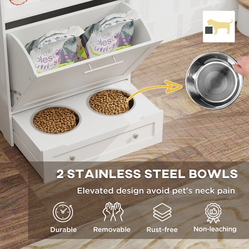 PawHut Pet Feeder Station Storage Cabinet, Dog Food Storage Container with Dog Raised Bowls, Watering Supplies, White