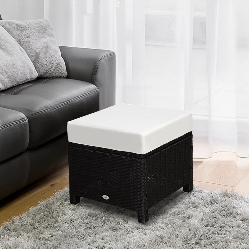 Outsunny 20" Patio Wicker Ottoman, Multipurpose Outdoor PE Rattan Footrest, Additional Seating, Side Table with Soft Cushion, Black, Cream White