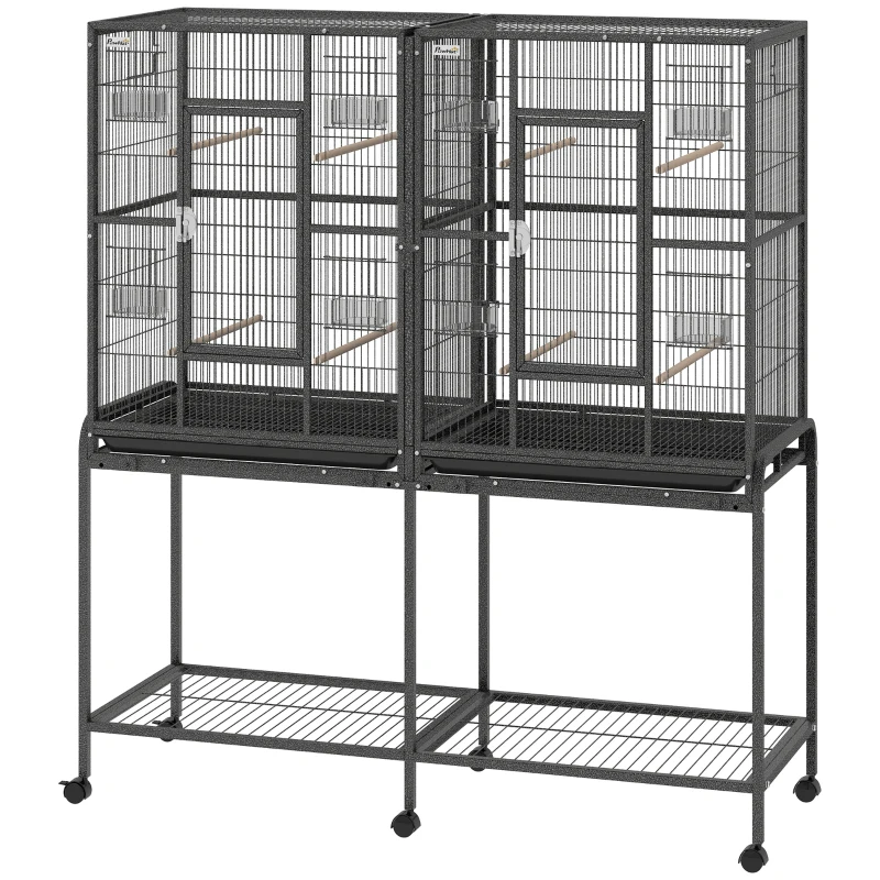 PawHut 56"H Bird Cage, Parrot Cage w/ Detachable Rolling Stand, Removable Tray, Storage Shelf, Perches, Food Container