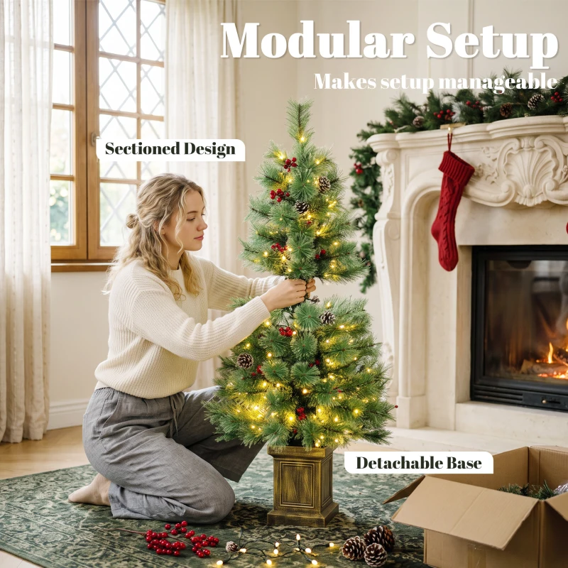 HOMCOM 4ft Pre-Lit Artificial Christmas Tree Set of 2, Xmas Pine Trees, Dual Colors, Remote, Green