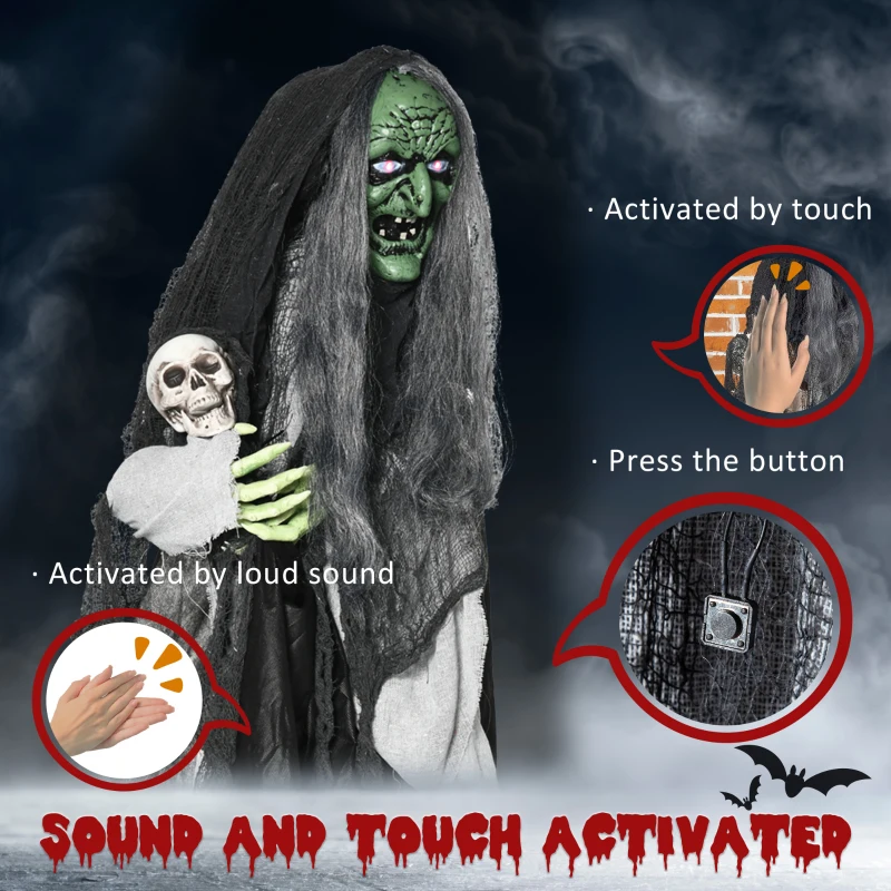 Outsunny 65" Life Size Outdoor Halloween Decorations Green Witch with Skull, Animated Prop Animatronic Décor with  Sound and Motion Activated, Light Up Eyes, Spooky Scream Sound