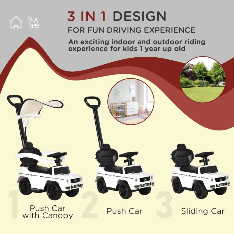 Aosom Mercedes-Benz G350 Licensed Push Car, 3-in-1 Toddler Sliding Car with Horn, Steering, Foot Rest, Seat Storage, White