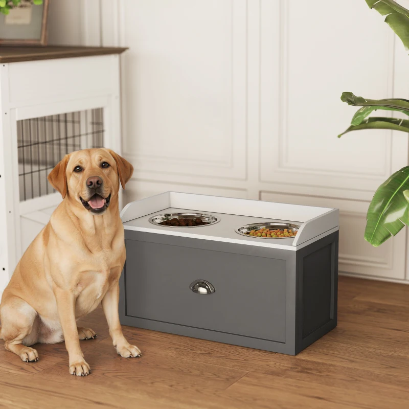 PawHut Elevated Dog Bowls Raised Pet Feeding Station with Storage 2 Stainless Steel Bowls, 23.6"x11.8" x14.2", Grey