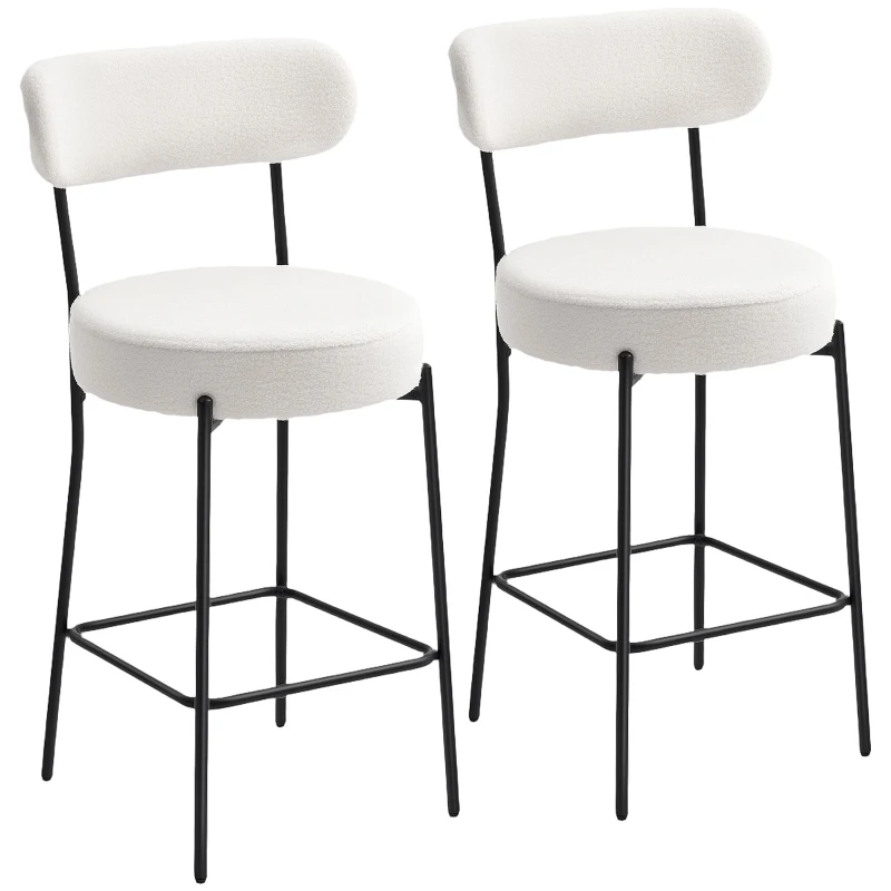 HOMCOM Set of 2 Barstools, Upholstered Bar Stools with Backrest, Footrest for Kitchen Island, Dining Room, Cream White