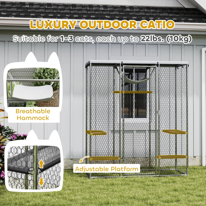 PawHut Catio Outdoor Cat Enclosure, Galvanized Steel Walk-in Cat Cage with Waterproof Cover, 5 Adjustable Platforms, Hammock