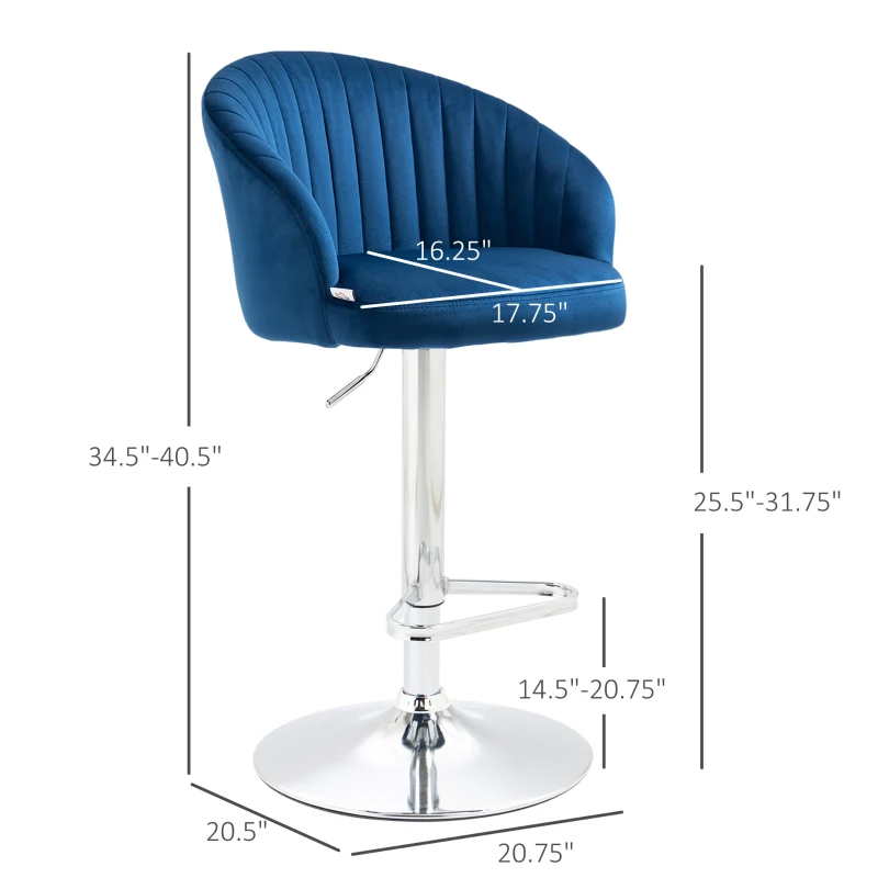 HOMCOM Modern Upholstered Adjustable Barstools with Swivel Seat, Velvet Touch Fabric, Steel Frame, Footrest, ‎Blue