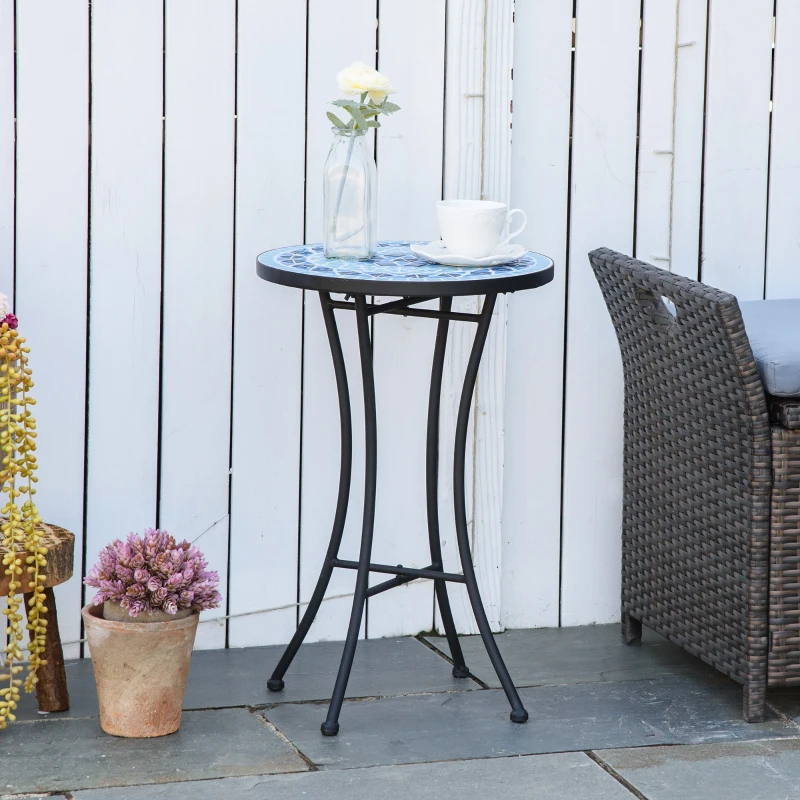 Outsunny Mosaic Patio Table, Round Coffee Table with Metal Frame, Garden Furniture for Outdoor, Poolside, Blue
